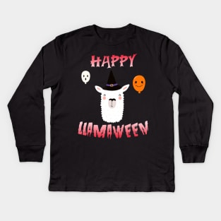 Cool Llama Witch costume halloween Happy Llamaween Kids Long Sleeve T-Shirt